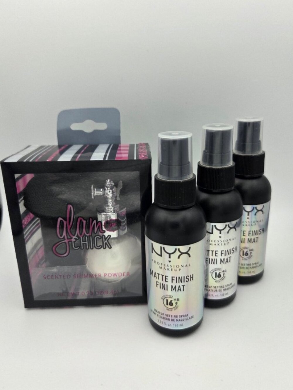 4 Piece Matte Finish Spray, Shimmer Powder - NYX, Glam Chick - New